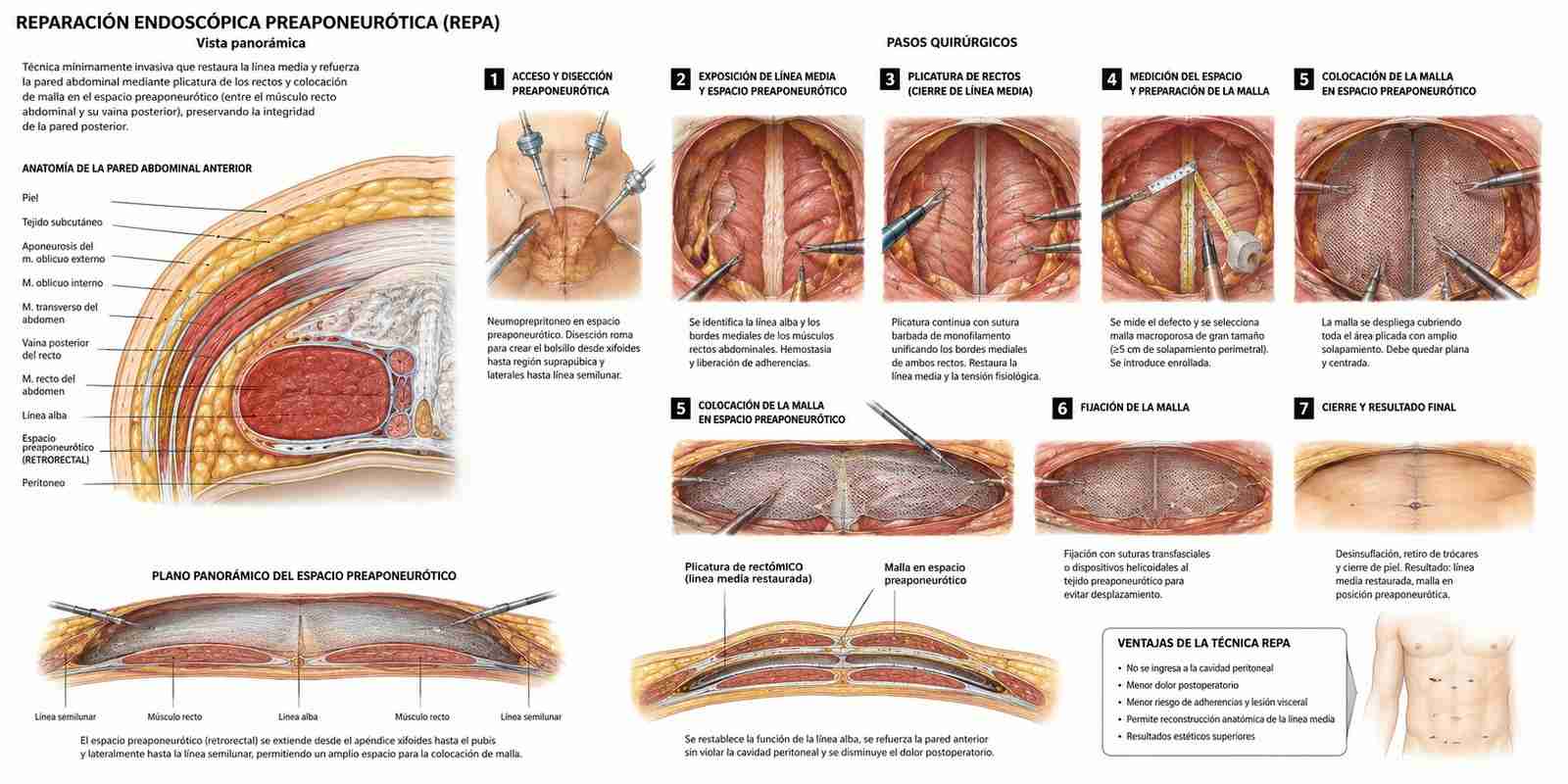 Infografía de la reparación endoscópica preaponeurótica (REPA): anatomía de la pared abdominal, pasos quirúrgicos, plicatura de rectos y colocación de malla en el espacio preaponeurótico